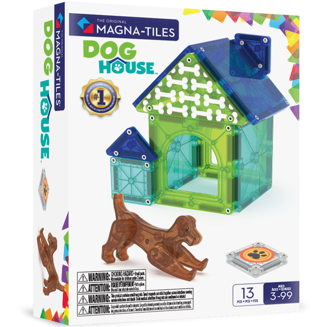 Verpakking van de Magna-Tiles magnetische tegels Dog House bouwset met een hondenhok en een hond.