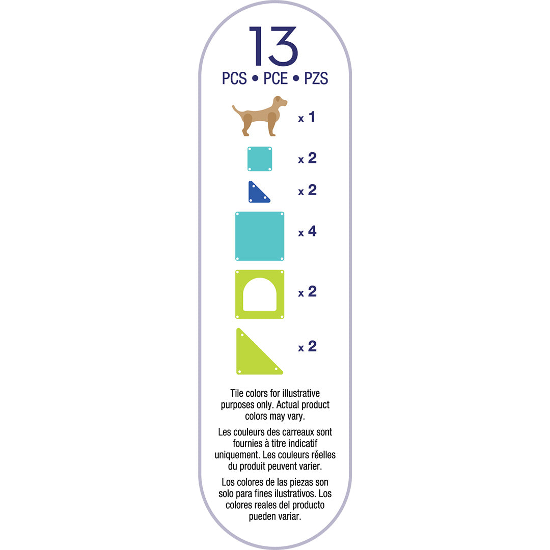 Infographic van de Magna-Tiles magnetische tegels Dog House bouwset met een overzicht van de 13 onderdelen.