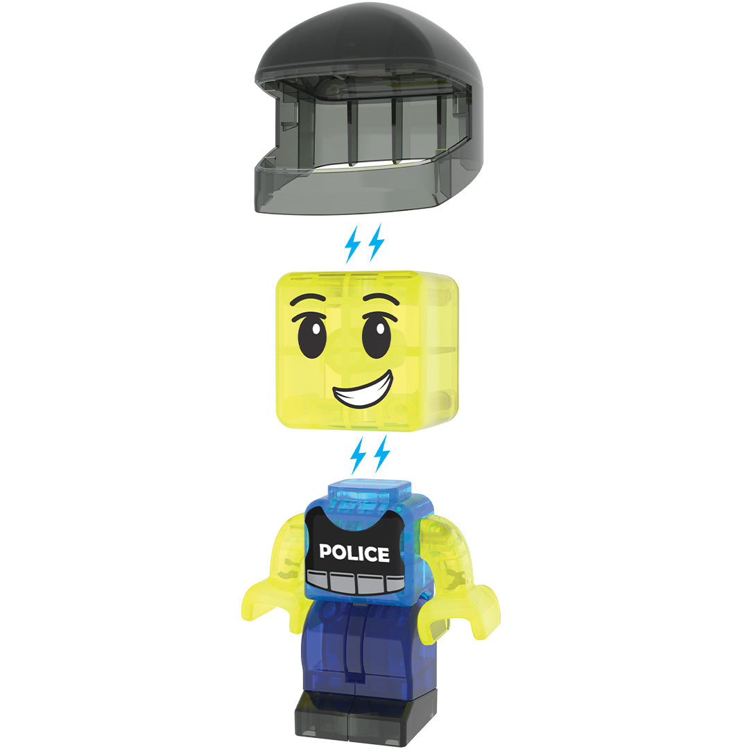 De Magna-Tiles politieagent figuur, bestaande uit een helm, geel hoofd en blauw lichaam.