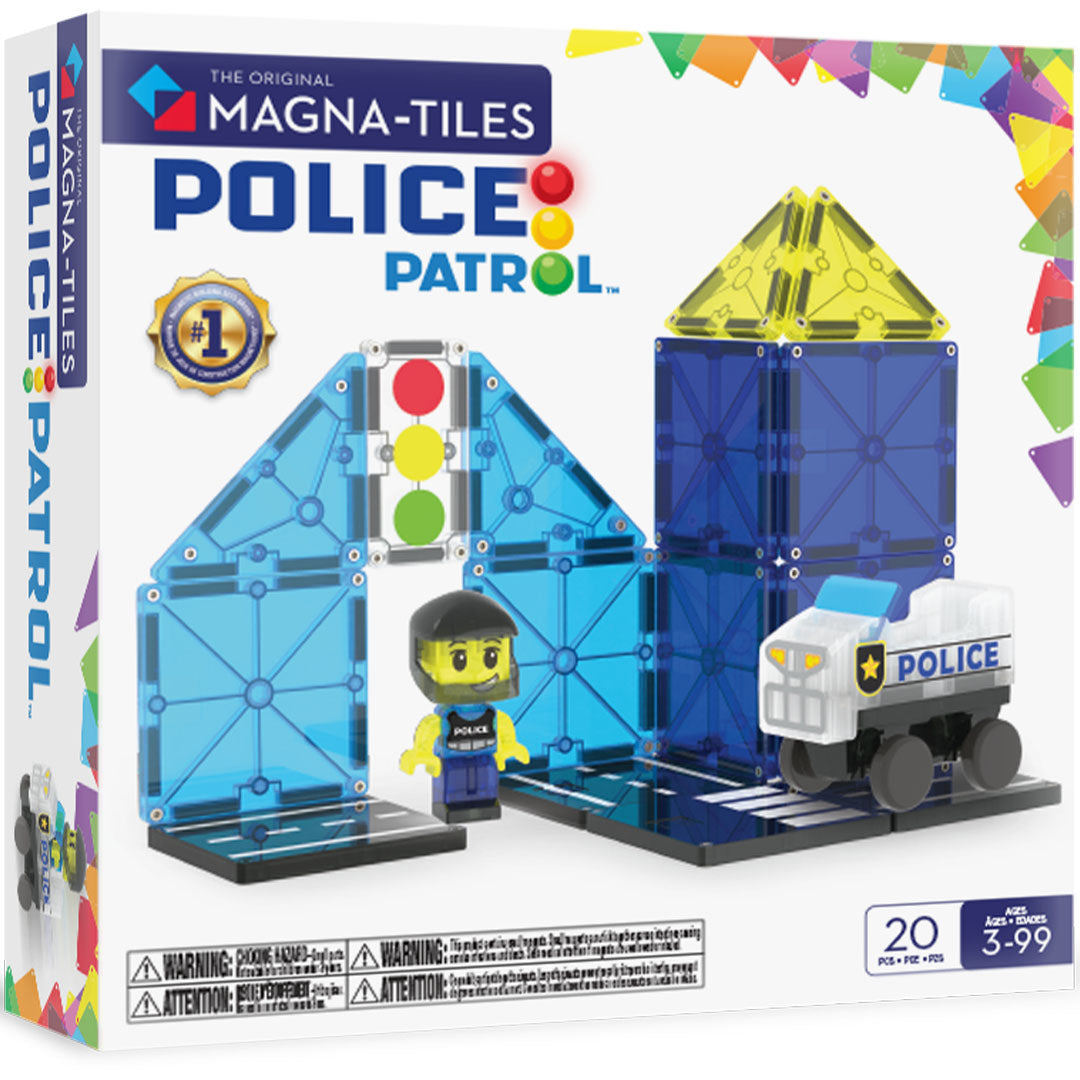 Verpakking van de Magna-Tiles Police Patrol bouwset met 20 magnetische tegels.