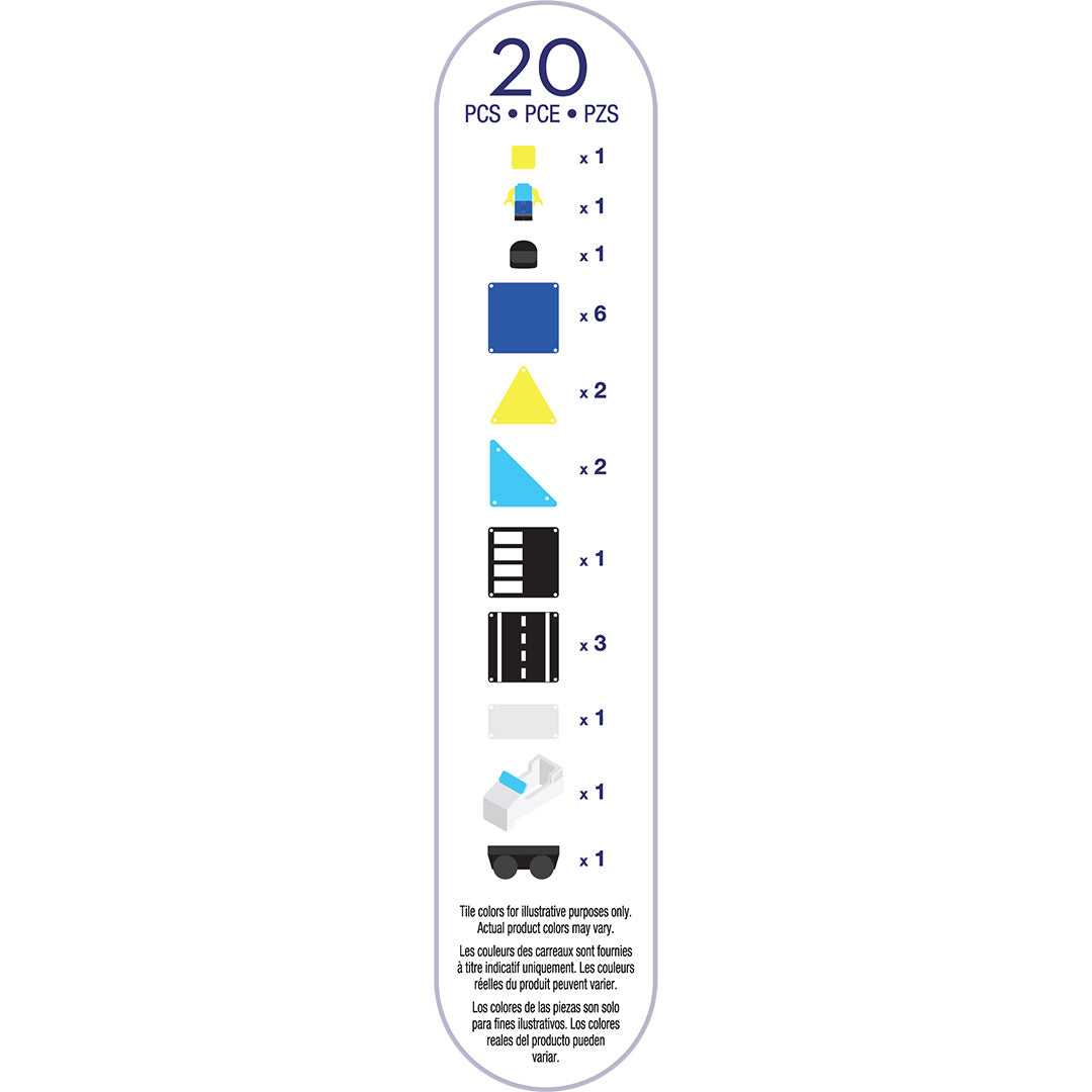 Infographic met een overzicht van de 20 onderdelen van de Magna-Tiles Police Patrol bouwset.