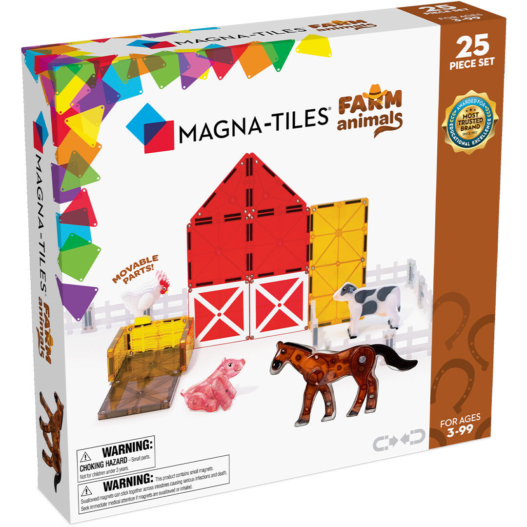 Verpakking van de Magna-Tiles Farm Animals bouwset met een boerderij en dieren van magnetische tegels.