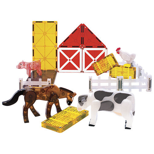 De complete Magna-Tiles Farm Animals bouwset met een boerderij, hekken en figuren van een varken, paard, koe en kip.