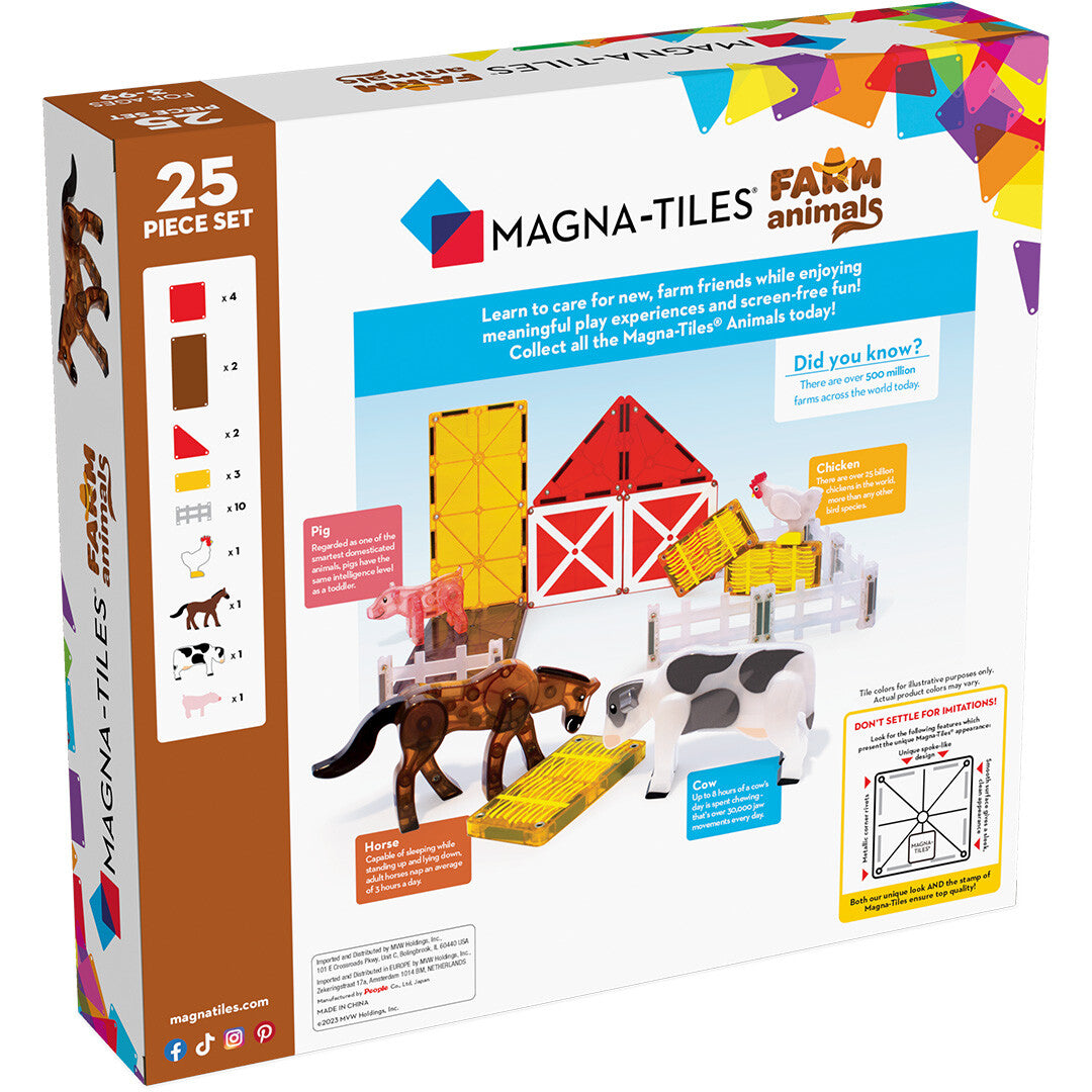 Achterkant van de verpakking van de Magna-Tiles Farm Animals bouwset met productinformatie en de inhoud.