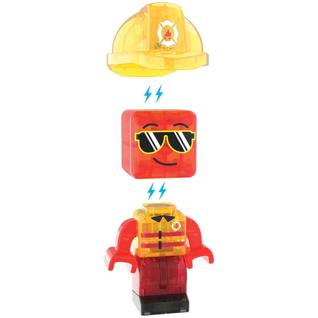 Detail van de Magna-Tiles Fire Rescue brandweermanfiguur, bestaande uit een helm, hoofd en lichaam.
