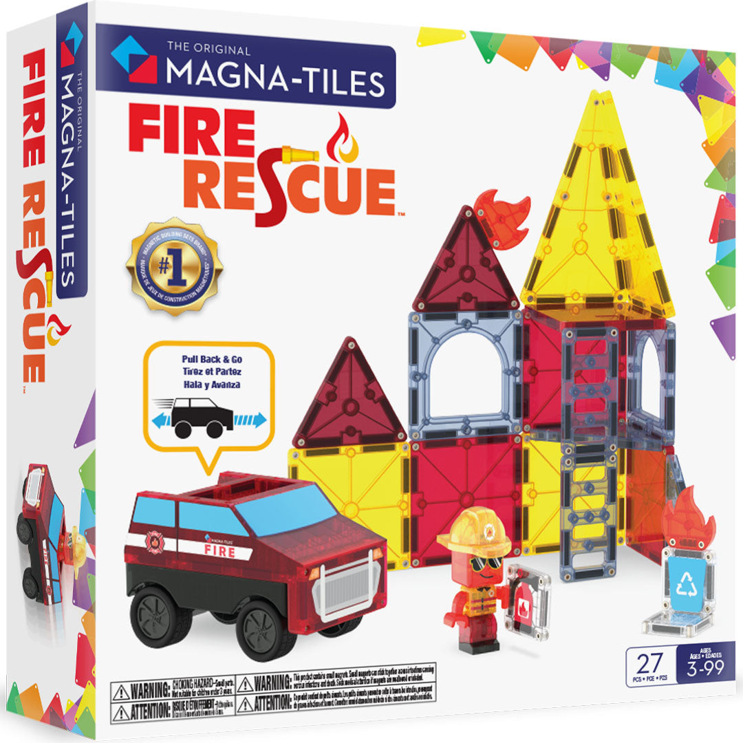 Verpakking van de Magna-Tiles Fire Rescue bouwset met magnetische tegels, een brandweerwagen en een brandweerman.