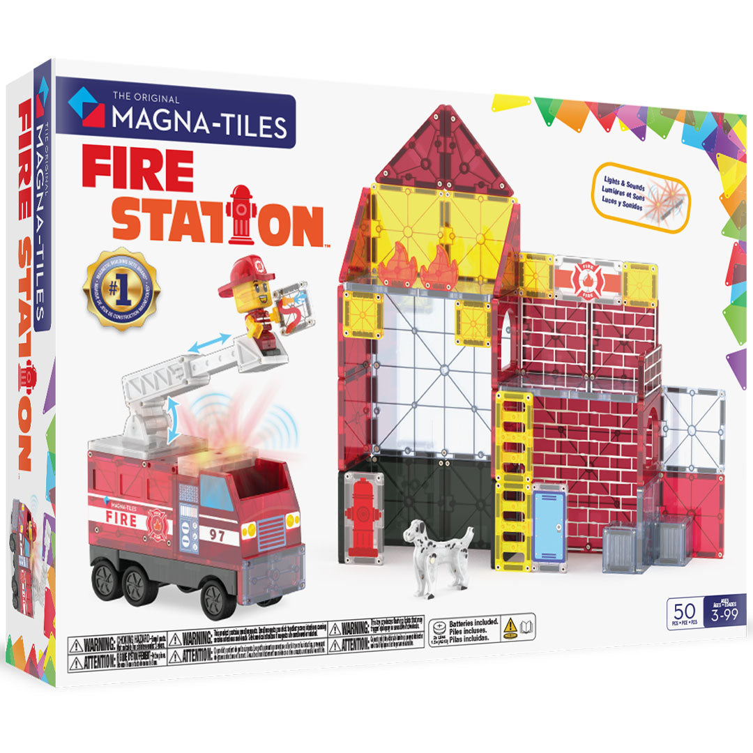 Verpakking van de Magna-Tiles Fire Station bouwset met brandweerkazerne, brandweerwagen en brandweerman.