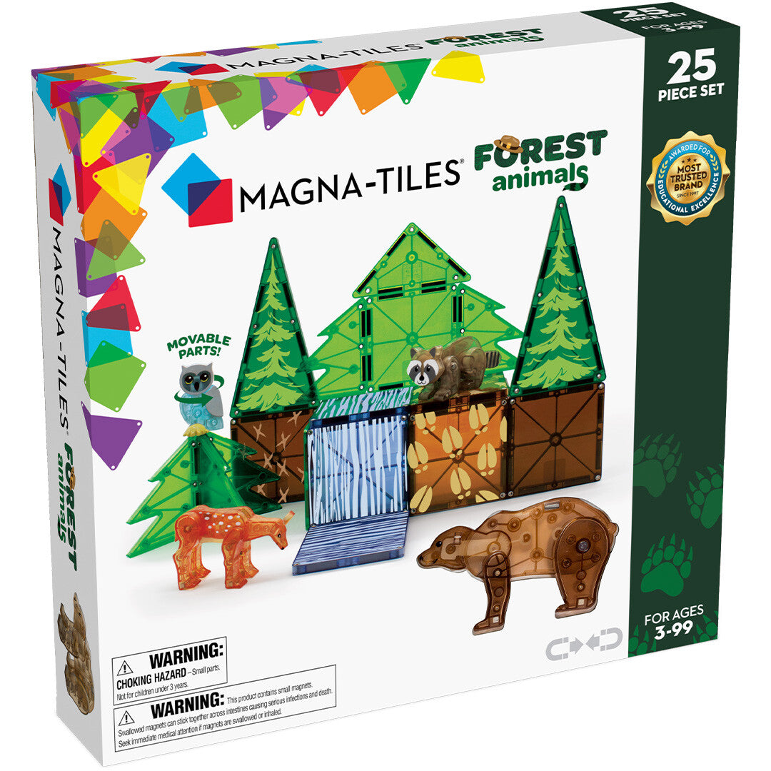 Verpakking van de Magna-Tiles Forest Animals bouwset met magnetische tegels die bomen en bosdieren vormen.
