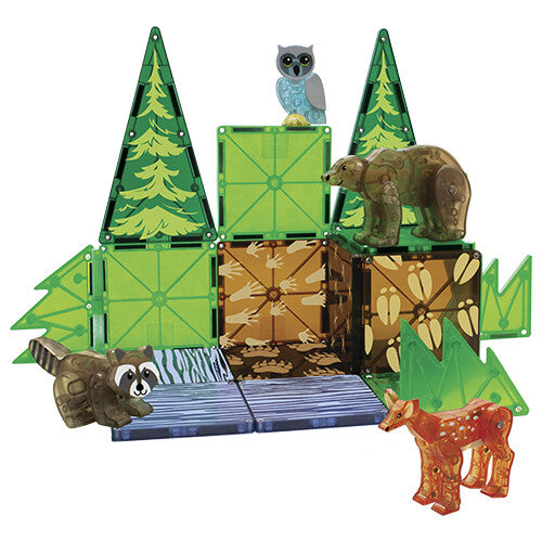 De Magna-Tiles Forest Animals bouwset met magnetische tegels die bomen en bosdieren zoals een beer, hert, wasbeer en uil vormen.