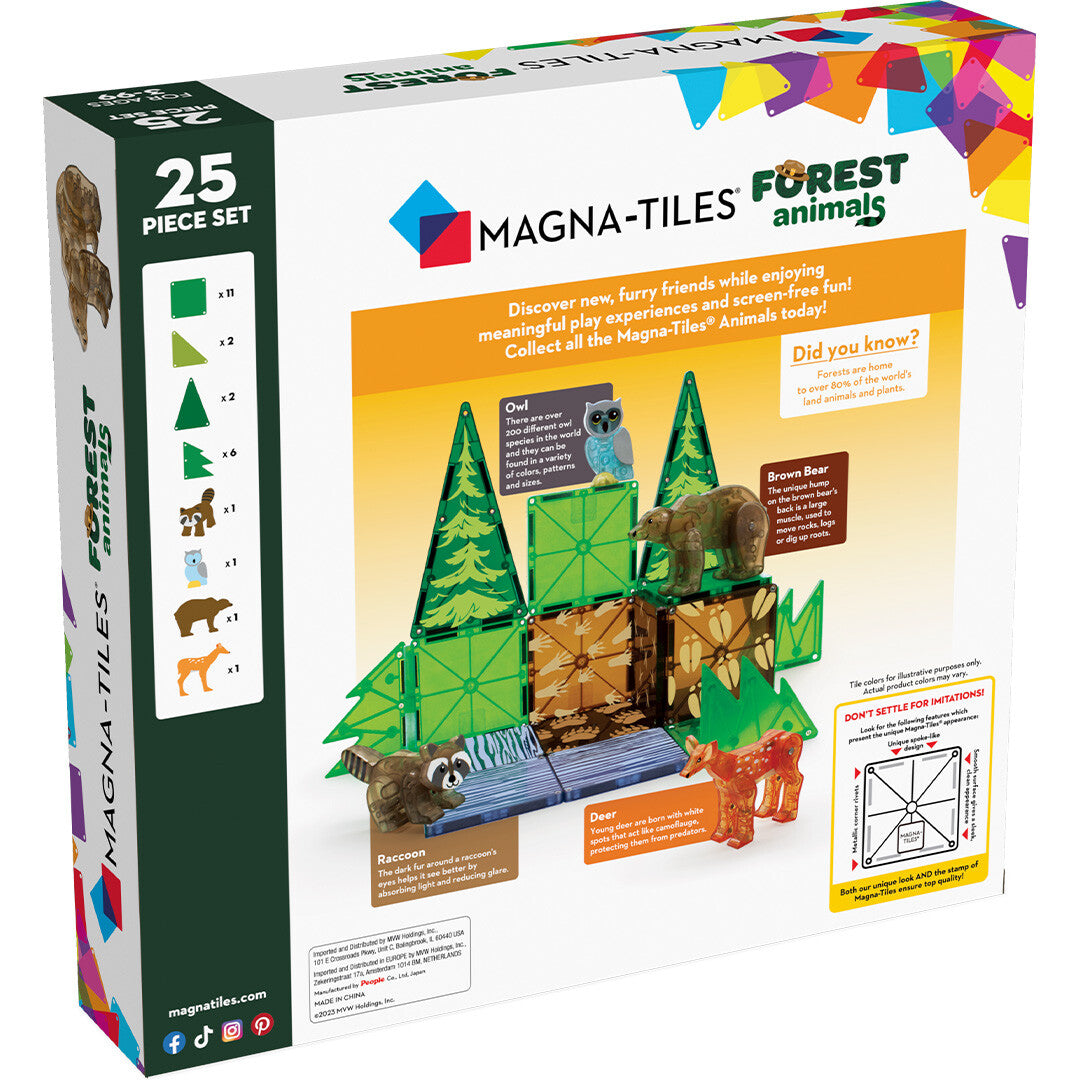Achterkant van de verpakking van de Magna-Tiles Forest Animals bouwset met voorbeelden van de magnetische tegels en dierenfiguren.