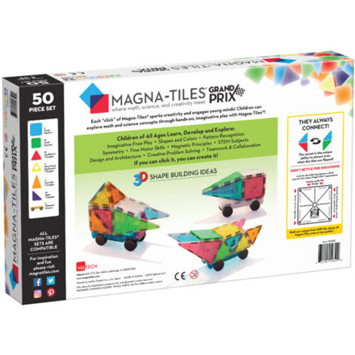 De achterkant van de verpakking van de Magna-Tiles Grand Prix Frost Colors bouwset met voorbeelden van voertuigen.