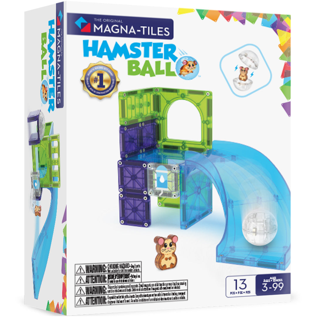 Verpakking van de Magna-Tiles Hamster Ball set met magnetische tegels en een hamsterfiguur.