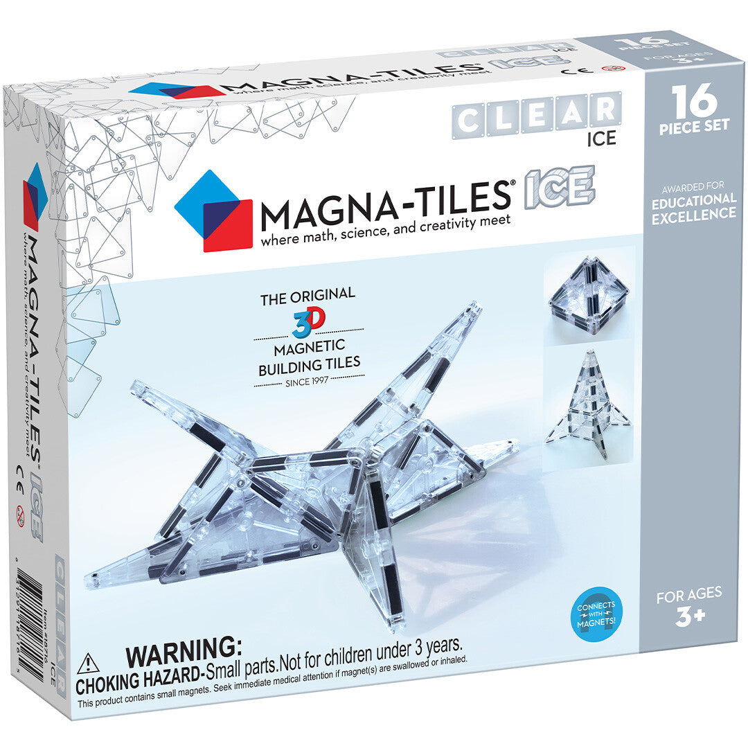 Verpakking van de Magna-Tiles Ice magnetische tegels bouwset met 16 transparante onderdelen.