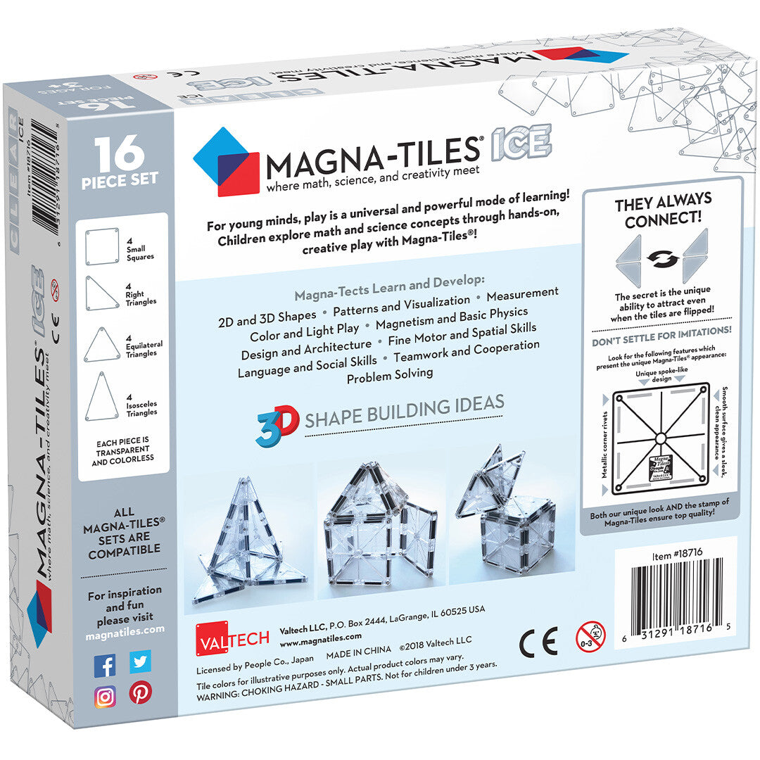 Achterkant van de Magna-Tiles Ice verpakking met voorbeelden van bouwwerken en productinformatie.