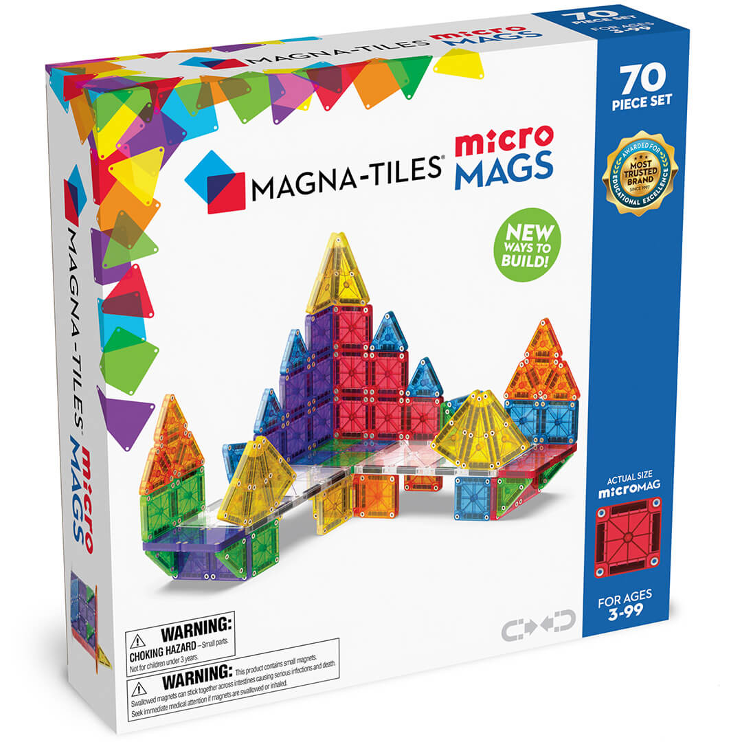 Verpakking van de Magna-Tiles Micro Mags 70-delige set met een kleurrijk gebouw van magnetische tegels.