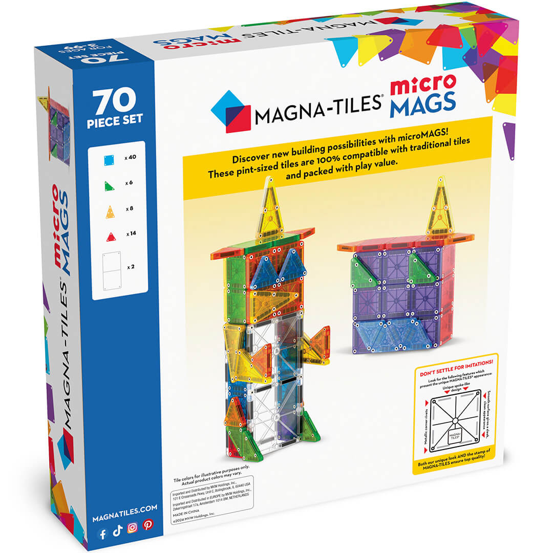 Achterkant van de Magna-Tiles Micro Mags 70-delige set verpakking met voorbeelden van gebouwde figuren.