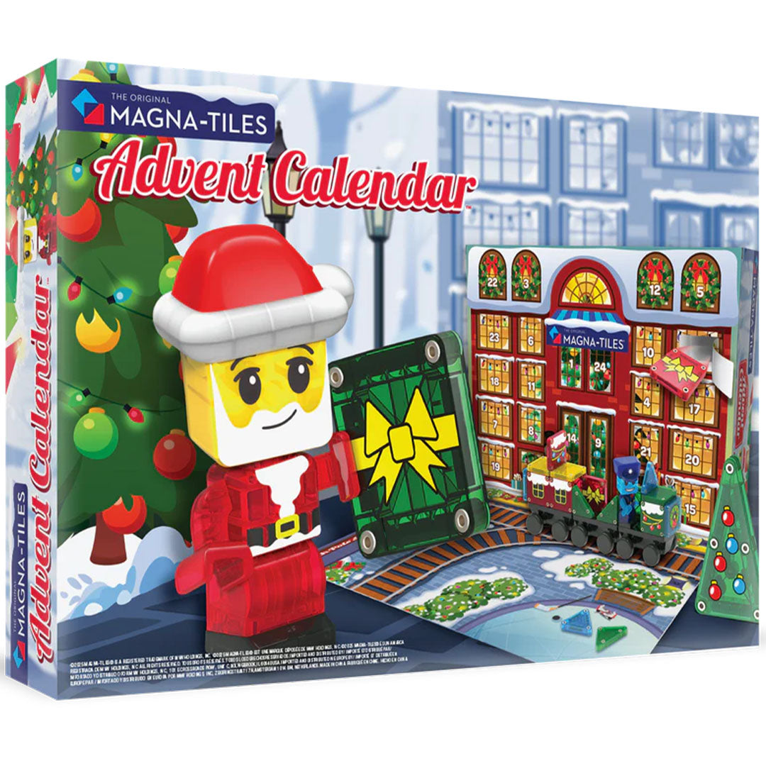 De verpakking van de Magna-Tiles adventskalender met een kerstmanfiguur, kerstboom en een gebouw met genummerde ramen.