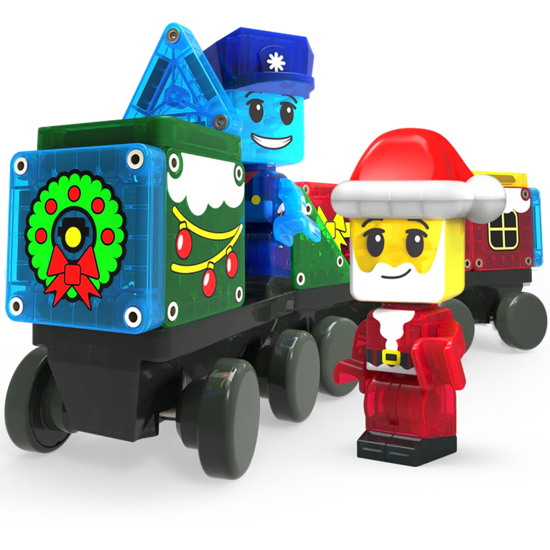 Magna-Tiles kersttrein van magnetische tegels met een conducteur en een losse kerstmanfiguur ernaast.