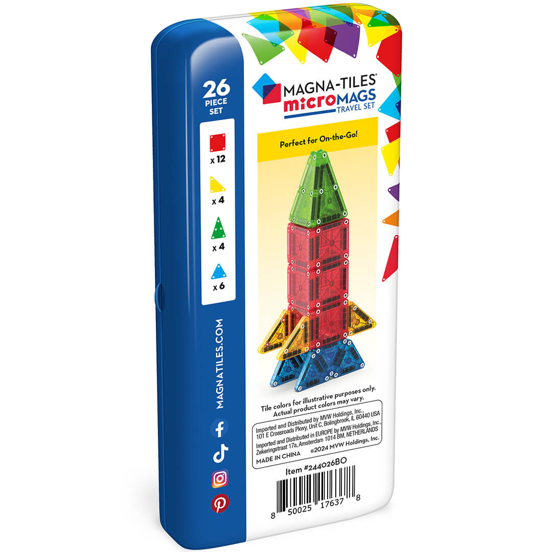 De achterkant van de verpakking van de Magna-Tiles MicroMags Travel Set met een afbeelding van een raket en productinformatie.