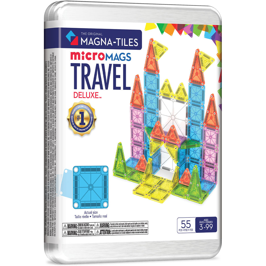 Verpakking van de Magna-Tiles MicroMags Travel Deluxe bouwset met een kleurrijk kasteel van magnetische tegels.