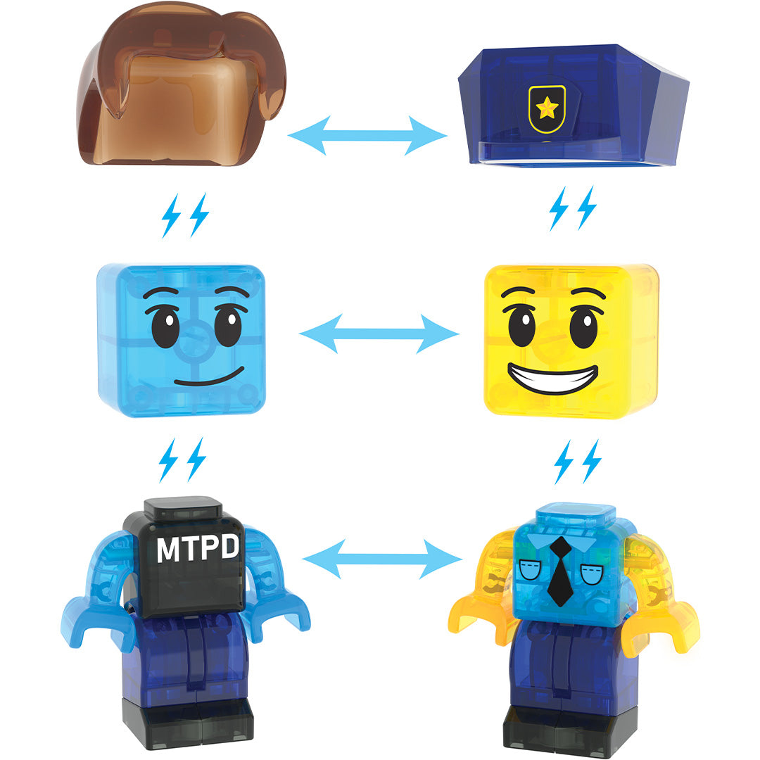 Infographic van de verwisselbare onderdelen voor de figuren van de Magna-Tiles bouwset, zoals hoofden en kleding.