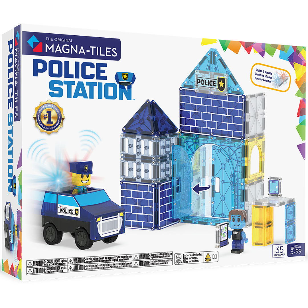 Verpakking van de Magna-Tiles magnetische tegels politiebureau bouwset.