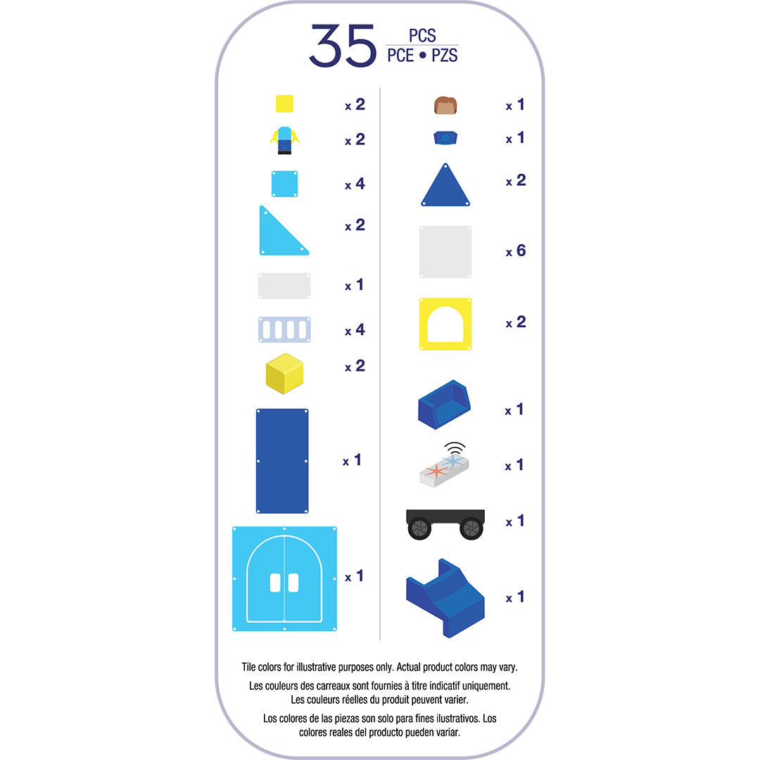 Infographic met een overzicht van alle 35 onderdelen die in de Magna-Tiles politiebureau bouwset zitten.