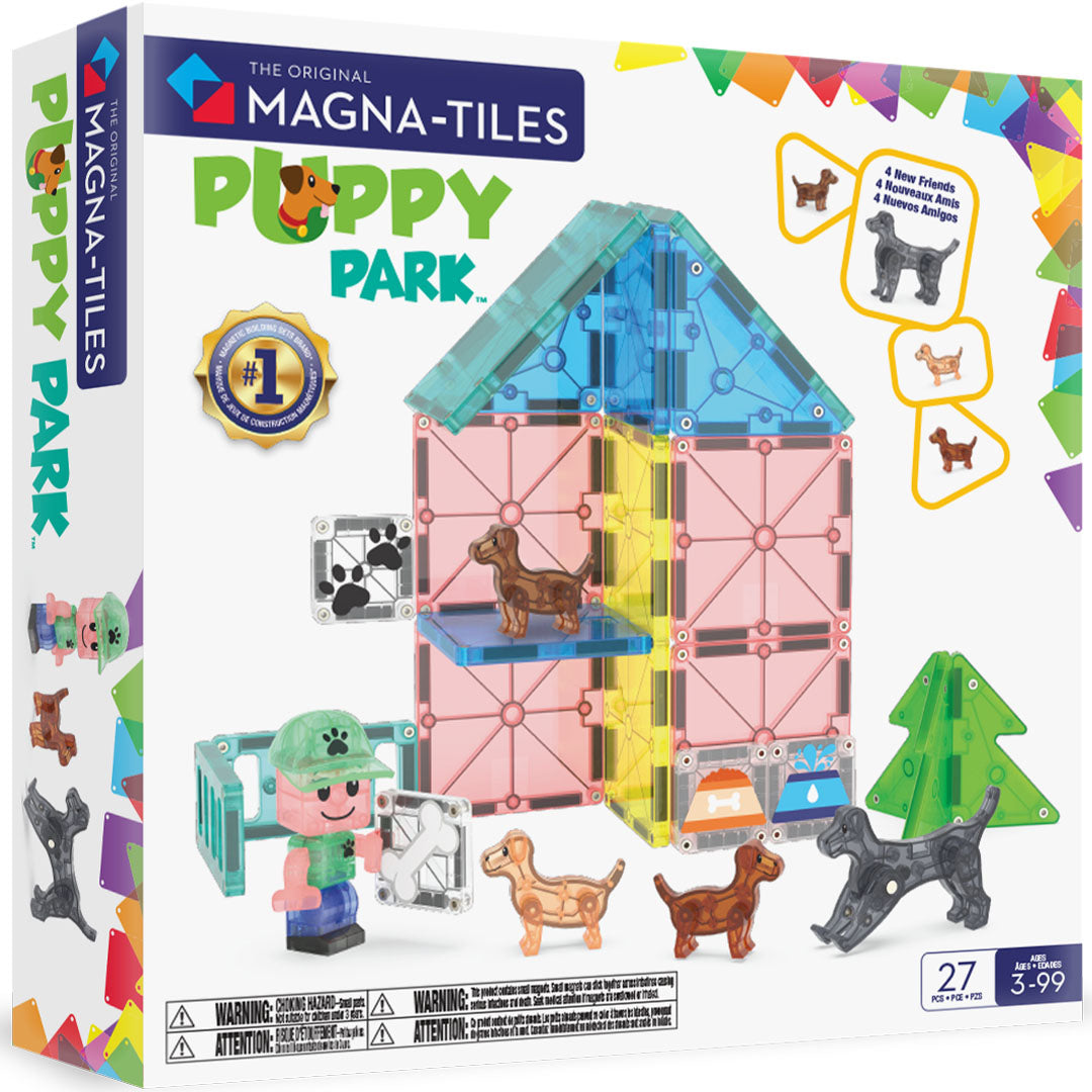 Verpakking van de Magna-Tiles Puppy Park bouwset met magnetische tegels en hondenfiguren.