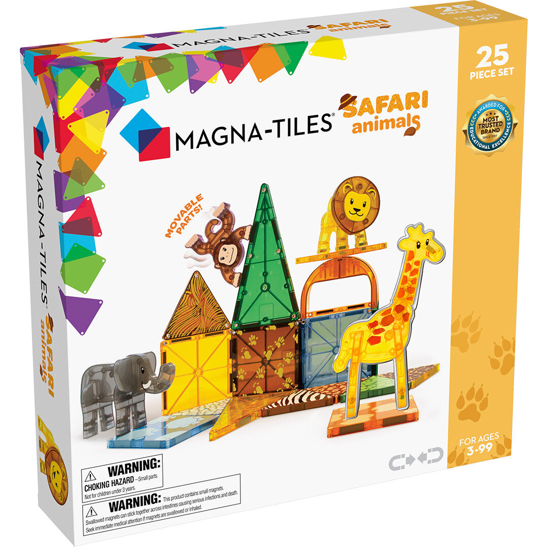 Verpakking van de Magna-Tiles Safari Animals bouwset met magnetische tegels en dierenfiguren.