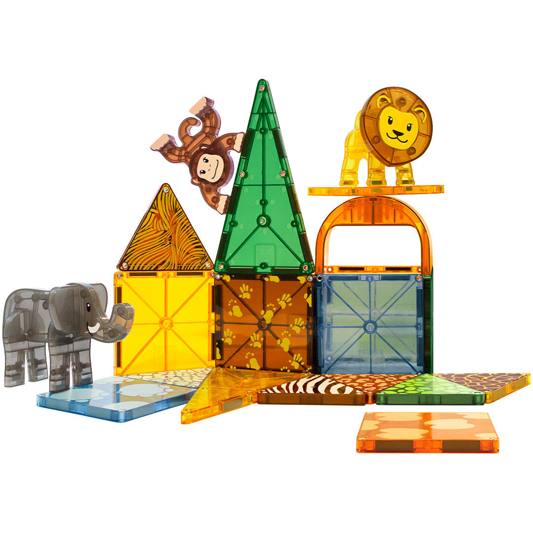 Een opstelling van Magna-Tiles Safari Animals bouwspeelgoed met magnetische tegels en figuren van een olifant, aap en leeuw.