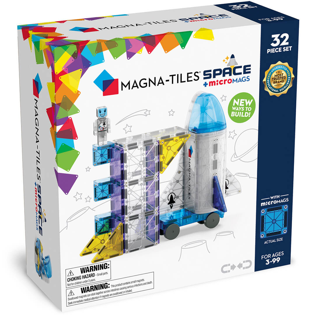 Verpakking van de Magna-Tiles Space magnetische tegels bouwset met een raket en lanceerplatform.