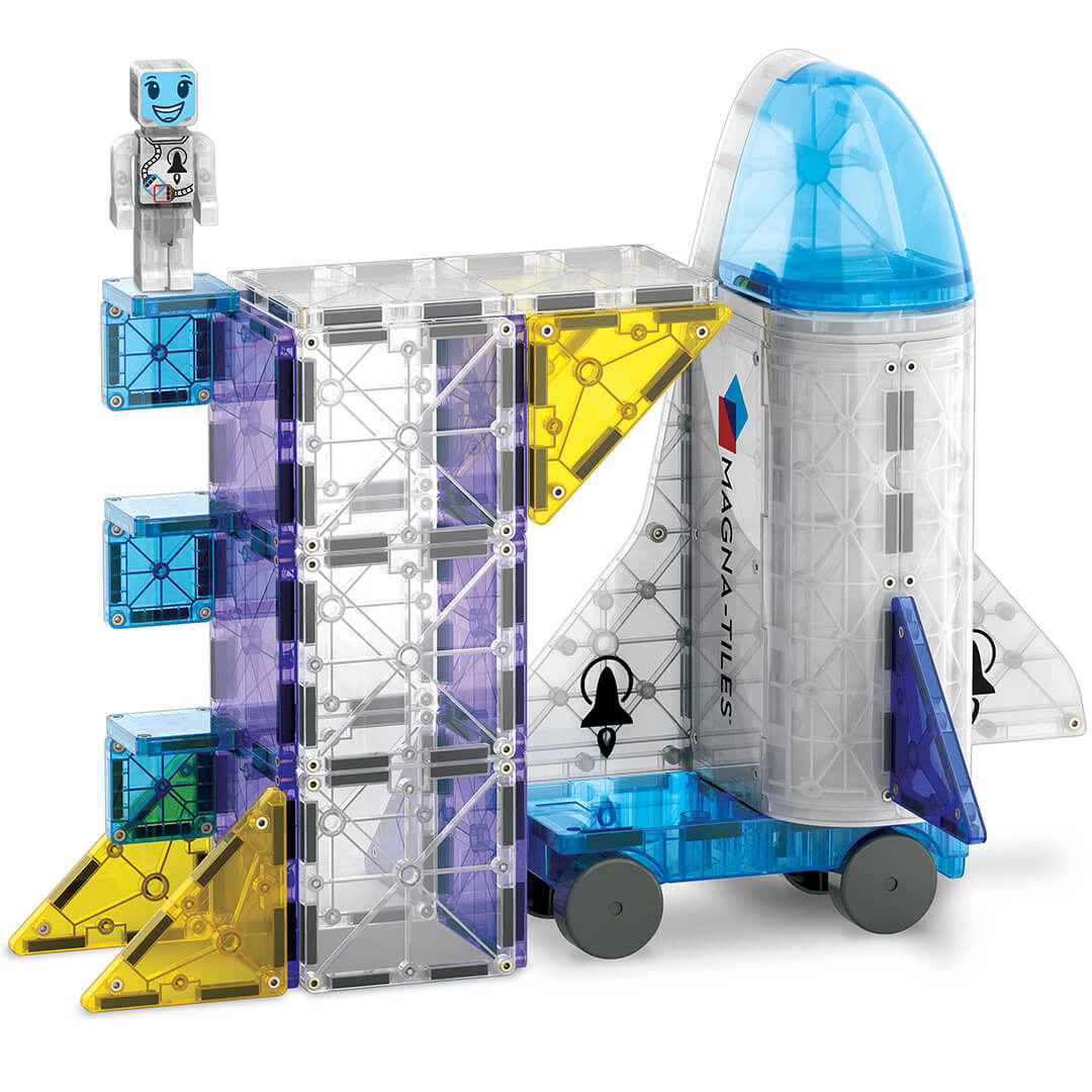 Magna-Tiles Space magnetische tegels bouwset met een transparante raket en lanceerplatform met robot.
