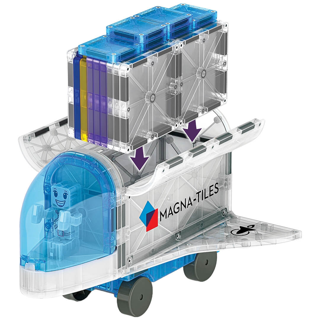 Magna-Tiles Space magnetische tegels bouwset als een transparante ruimte shuttle of rover met een robotfiguur.