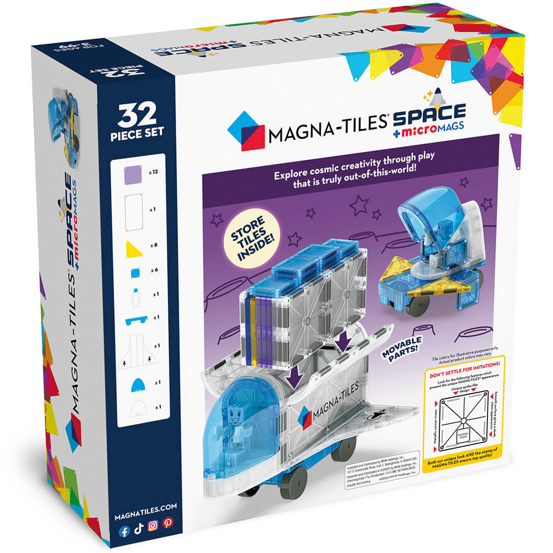 Achterkant van de Magna-Tiles Space magnetische tegels bouwset verpakking met voorbeelden en kenmerken.