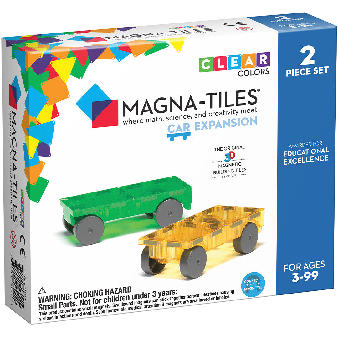 Verpakking van de Magna-Tiles Clear Colors auto uitbreidingsset met twee transparante autoplatforms.
