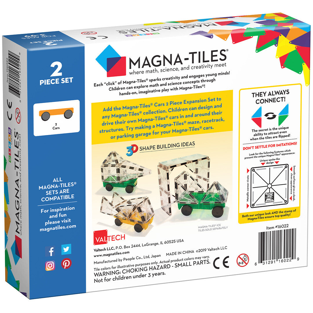 Achterkant van de Magna-Tiles auto uitbreidingsset verpakking met voorbeelden van bouwwerken en productinformatie.