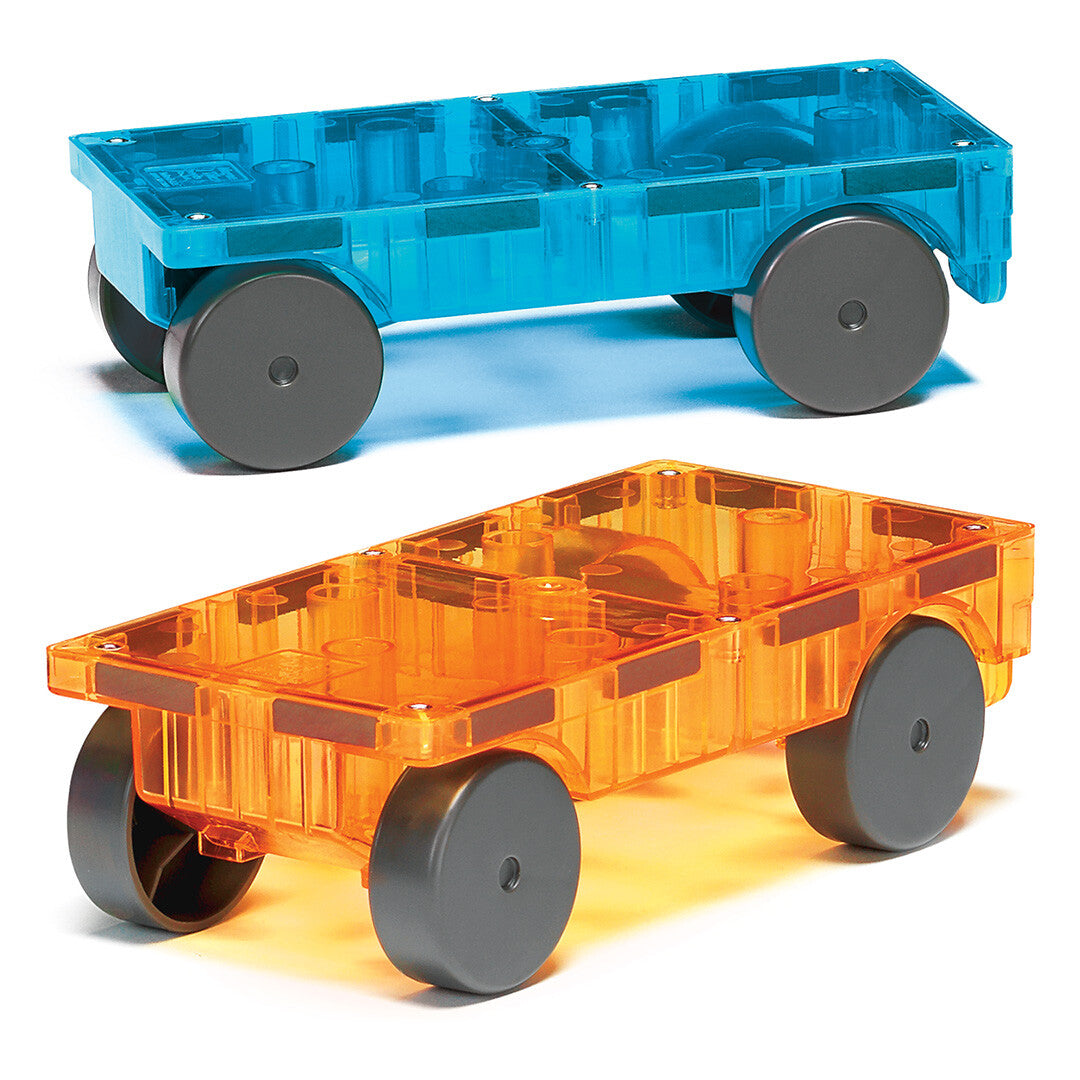 Magna-Tiles Cars uitbreidingsset met een blauwe en oranje transparante autobasis.