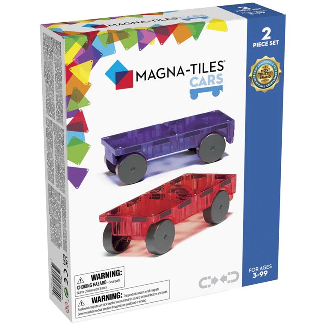 Verpakking van de Magna-Tiles Cars uitbreidingsset met twee auto-onderstellen.