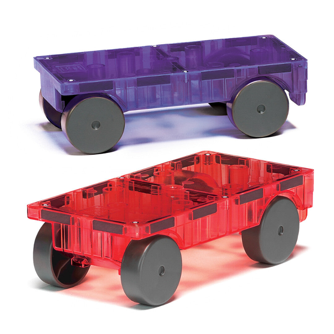 Twee Magna-Tiles Cars auto-onderstellen, één paars en één rood, voor magnetische tegels.