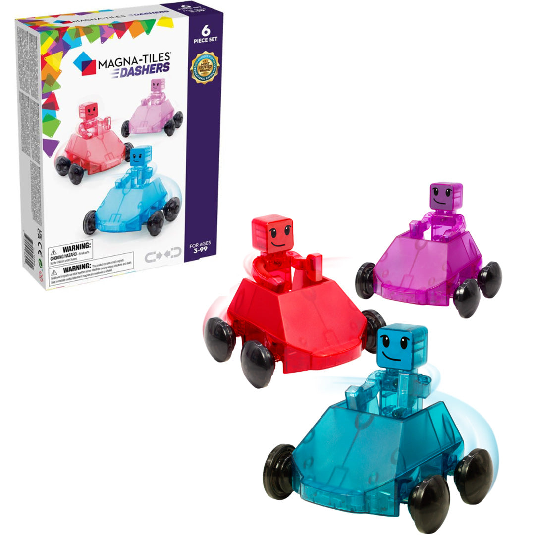 Magna-Tiles Dashers uitbreidingsset met drie speelgoedauto's met robotjes en de productverpakking.