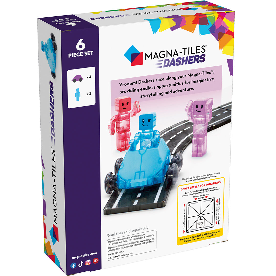De achterkant van de Magna-Tiles Dashers uitbreidingsset verpakking met productinformatie en afbeeldingen.