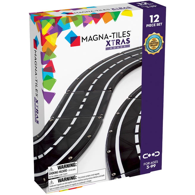 De verpakking van de Magna-Tiles XTRAS Roads uitbreidingsset met 12 magnetische wegtegels.