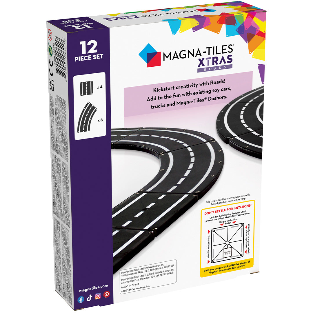 De achterkant van de verpakking van de Magna-Tiles XTRAS Roads uitbreidingsset met 12 magnetische wegtegels.