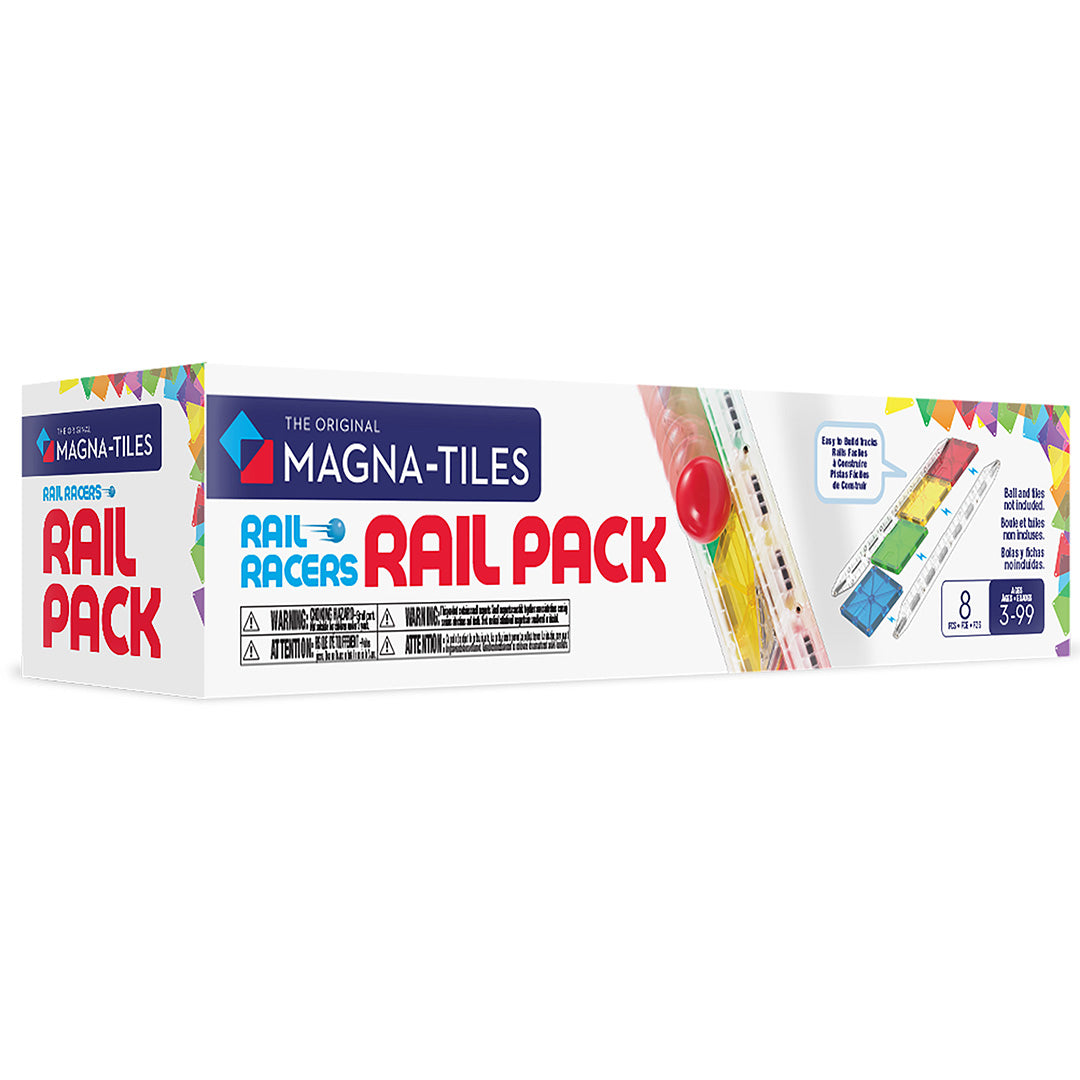 Verpakking van de Magna-Tiles Rail Racers uitbreidingsset met 8 transparante railstukken.
