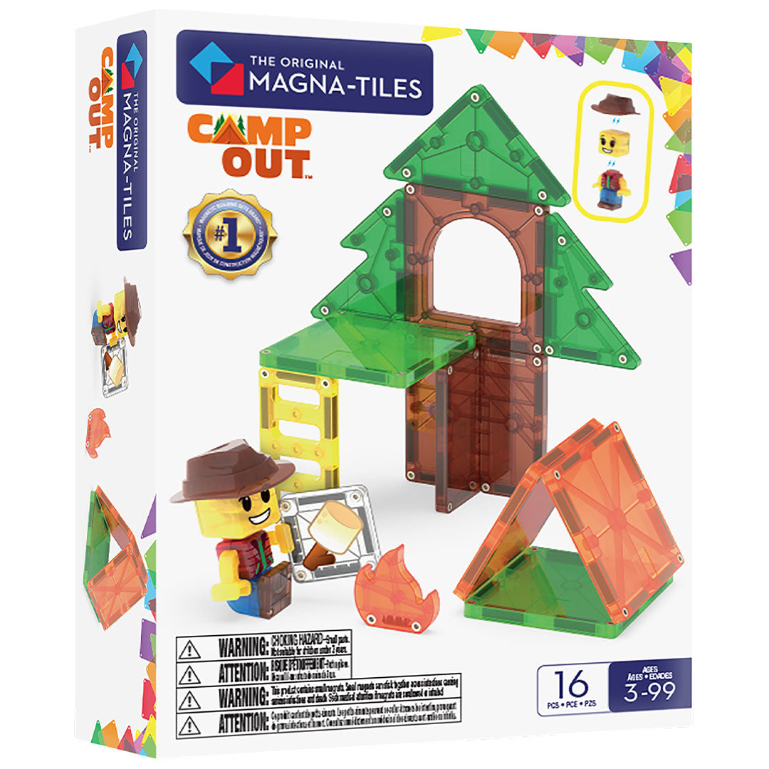 Voorkant van de Magna-Tiles Camp Out verpakking met de magnetische bouwset van 16 stuks, inclusief een boomhut, tent en figuurtje.