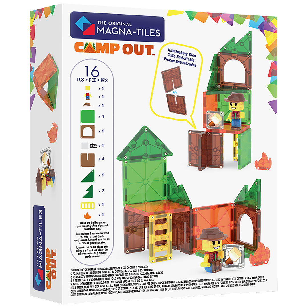 Achterkant van de Magna-Tiles Camp Out verpakking met een overzicht van de 16 magnetische bouwstukken en voorbeelden van bouwwerken.