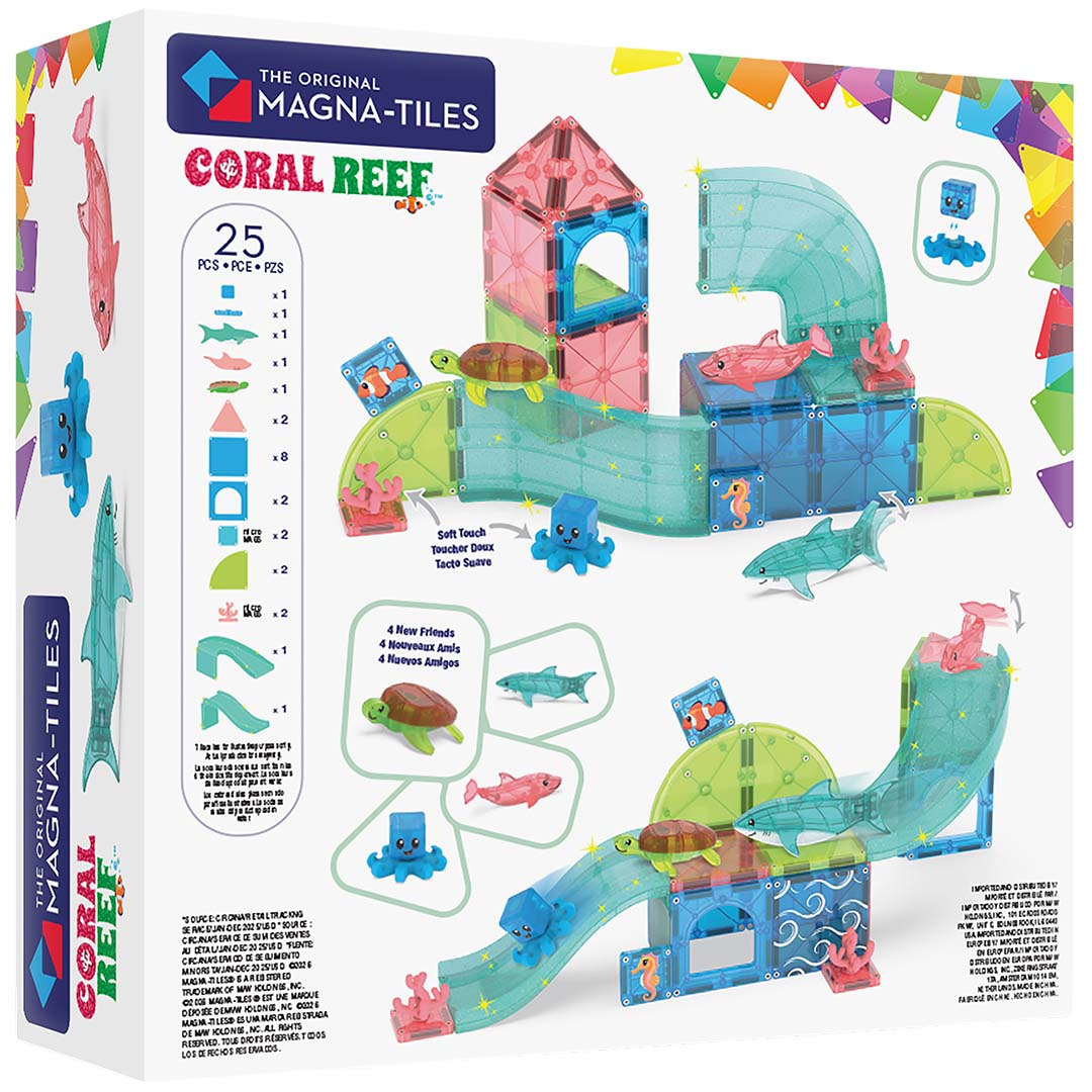 Magna-Tiles Coral Reef bouwset verpakking met een voorbeeld van de magnetische tegels in een onderwaterwereld.