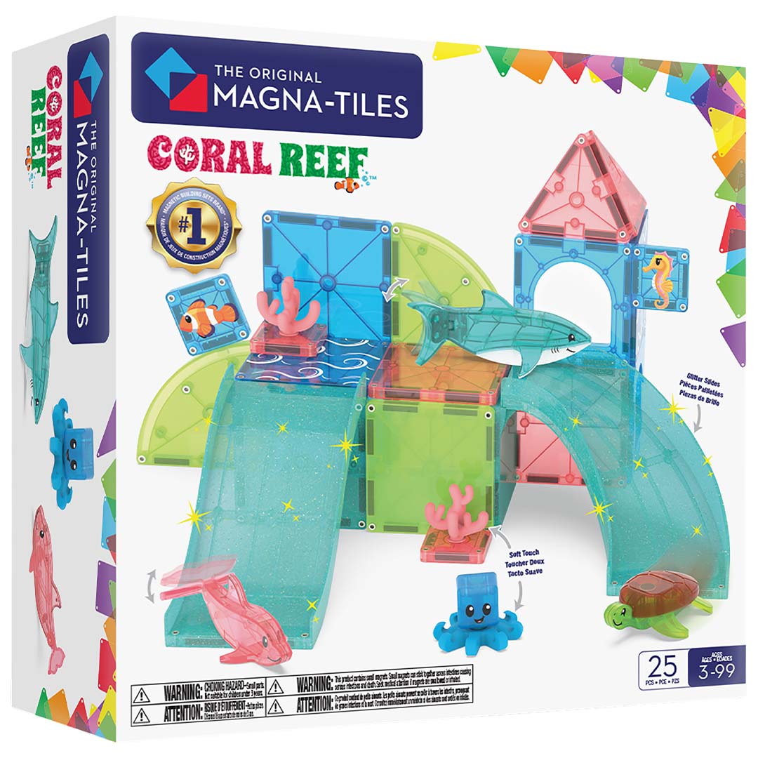 Magna-Tiles Coral Reef bouwset verpakking met een voorbeeld van de magnetische tegels en zeedieren.