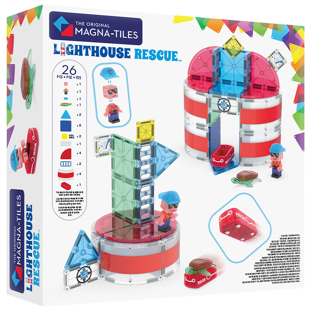 Verpakking van de Magna-Tiles Lighthouse Rescue bouwset met een infographic van de onderdelen en een alternatieve constructie.