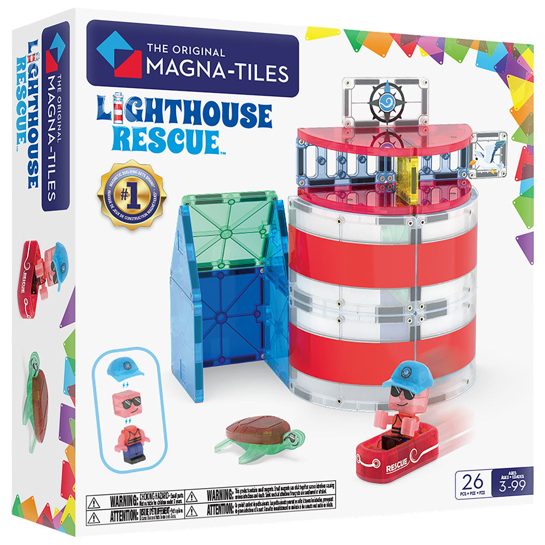 Verpakking van de Magna-Tiles Lighthouse Rescue bouwset met een vuurtoren, figuur in bootje en schildpad.
